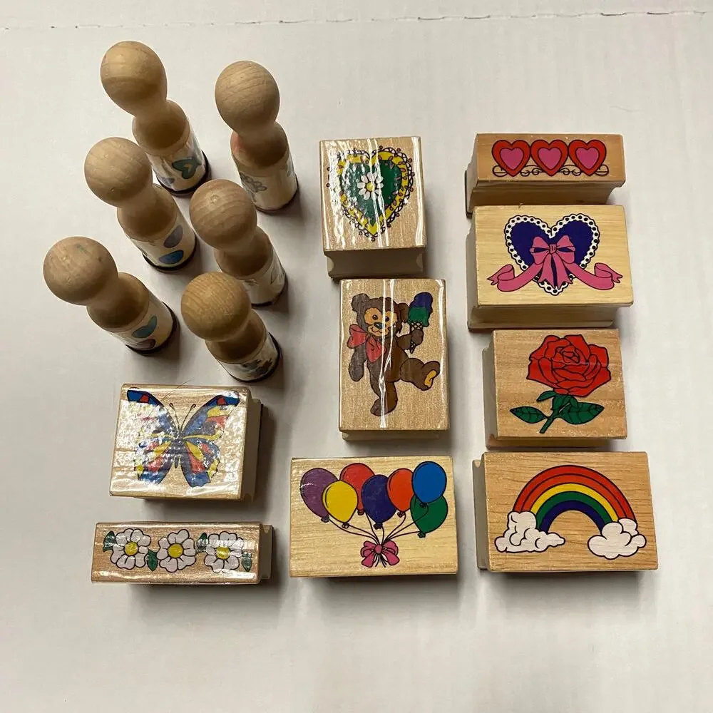 Bundle Lot of 15 Vintage Wood Stamps Heart Balloon Rainbow Butterfly Flower Bear